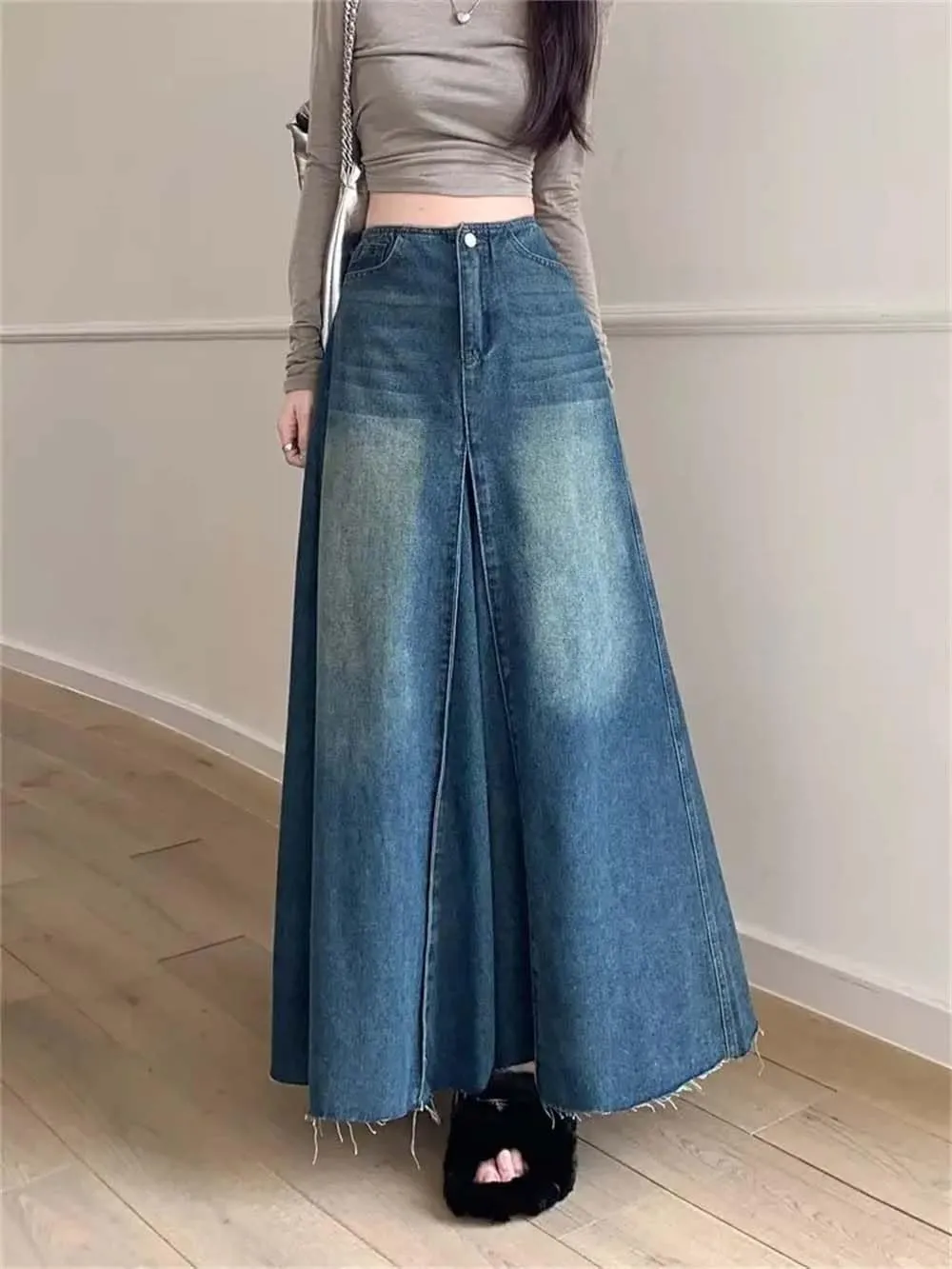 Women's Vintage Washing Denim Skirt High-Waisted Slimming A- Line Long Dress Patchwork Skirts