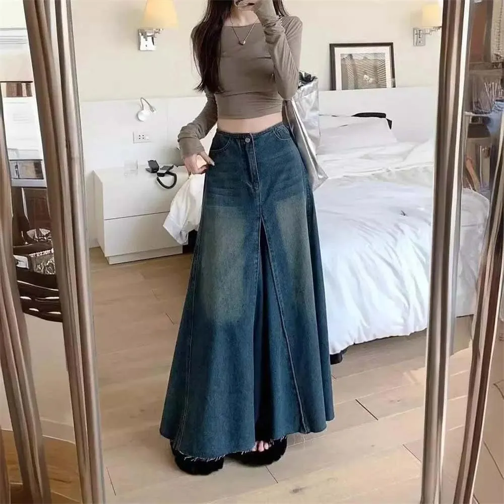 Women's Vintage Washing Denim Skirt High-Waisted Slimming A- Line Long Dress Patchwork Skirts