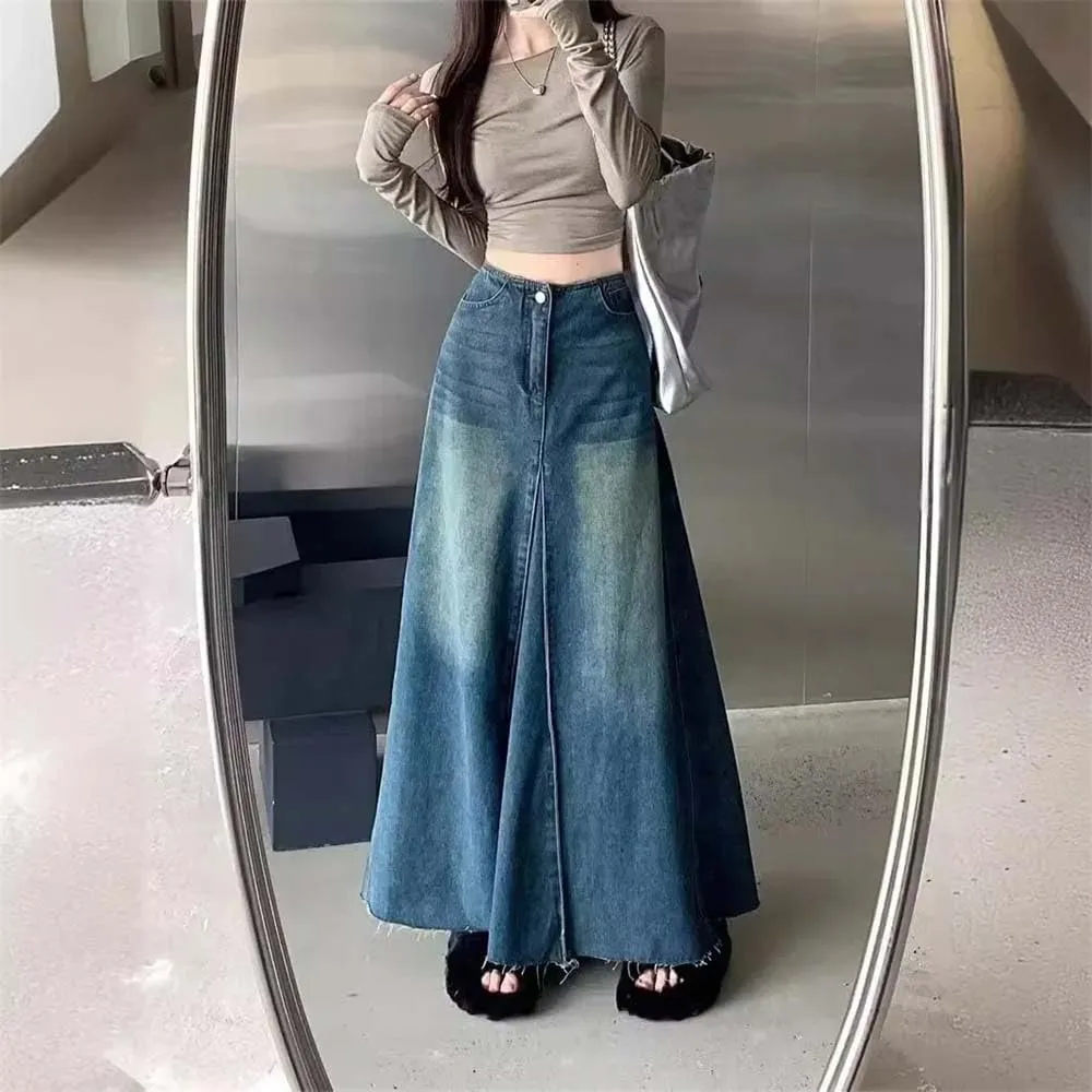Women's Vintage Washing Denim Skirt High-Waisted Slimming A- Line Long Dress Patchwork Skirts