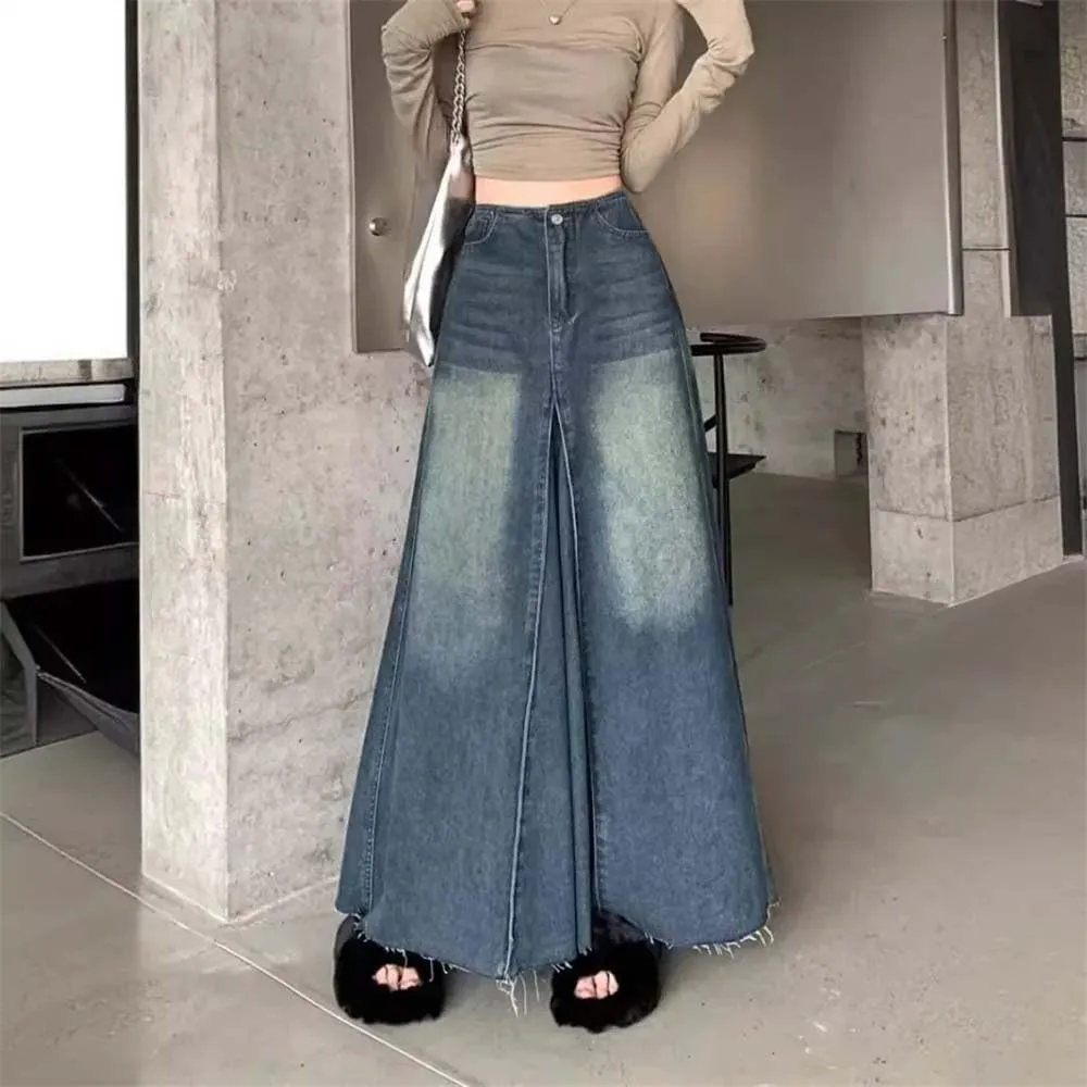 Women's Vintage Washing Denim Skirt High-Waisted Slimming A- Line Long Dress Patchwork Skirts