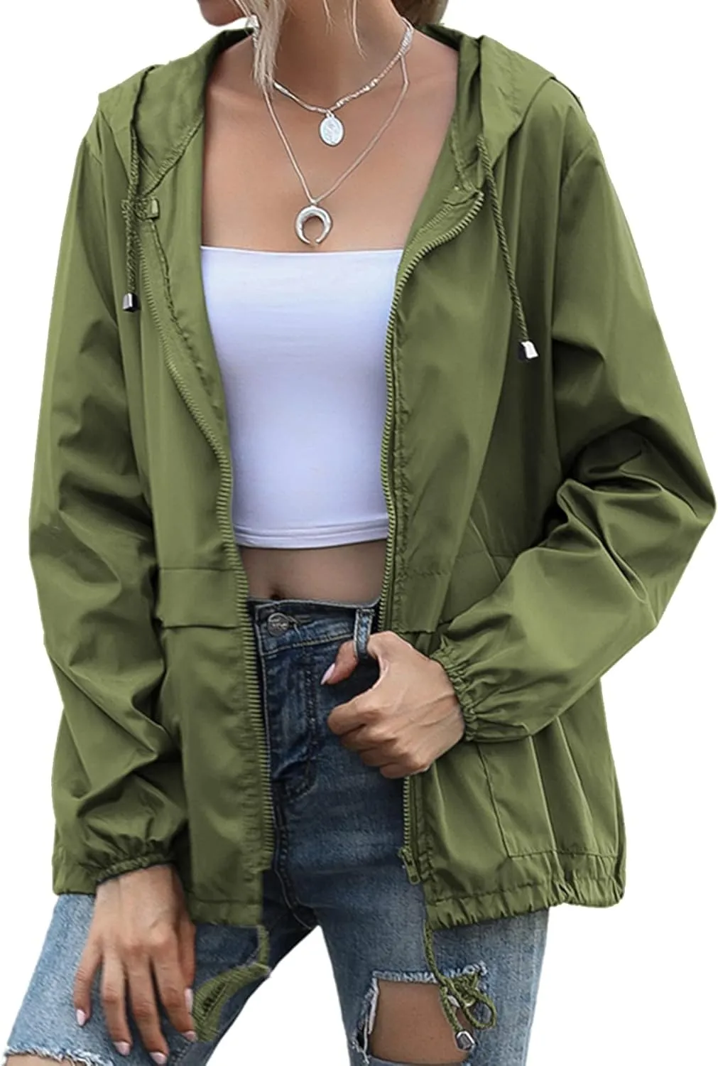 Women's Waterproof Raincoat Lightweight Rain Jacket Hooded Adjustable Windbreaker Rain Coats with Pocket for Outdoor