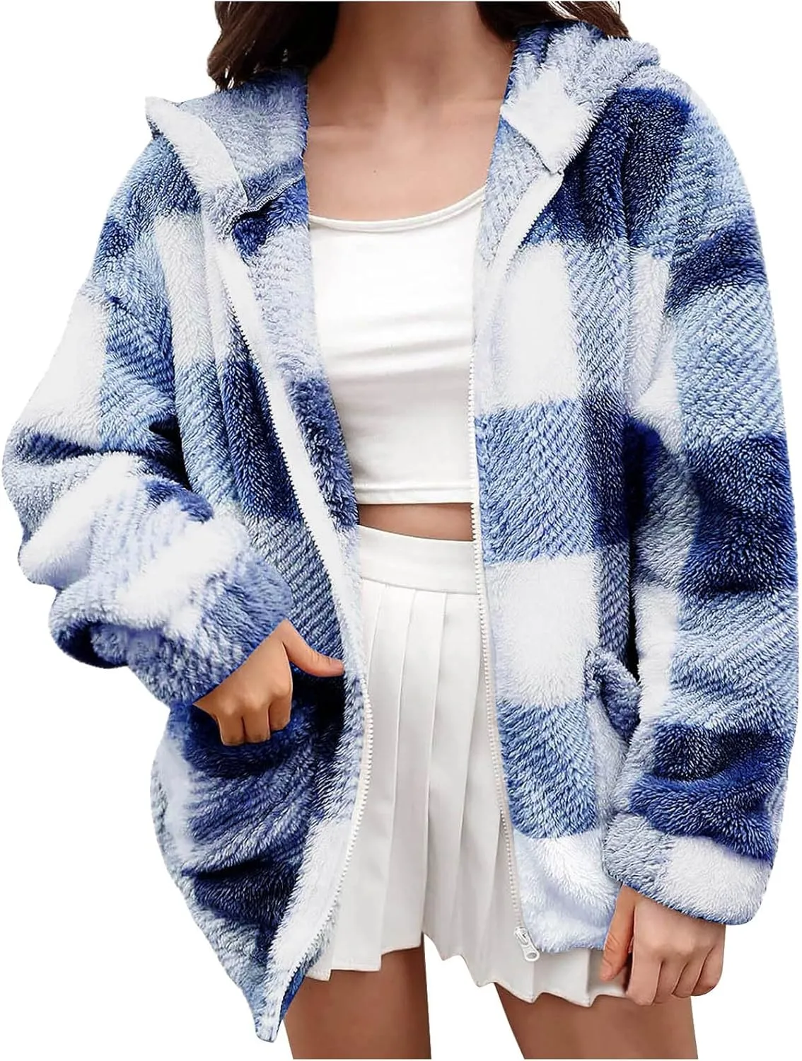 Womens Winter Coats Warm Plush Hooded Jackets Zip Up Button Cardigan Trendy Plaid Fleece Fuzzy Outerwear