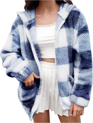 Womens Winter Coats Warm Plush Hooded Jackets Zip Up Button Cardigan Trendy Plaid Fleece Fuzzy Outerwear