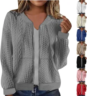 Women's Zip Up Cable Knit Sweater Long Sleeve Open Front Cardigan Warm Cardigan with Pockets Outwear Coats