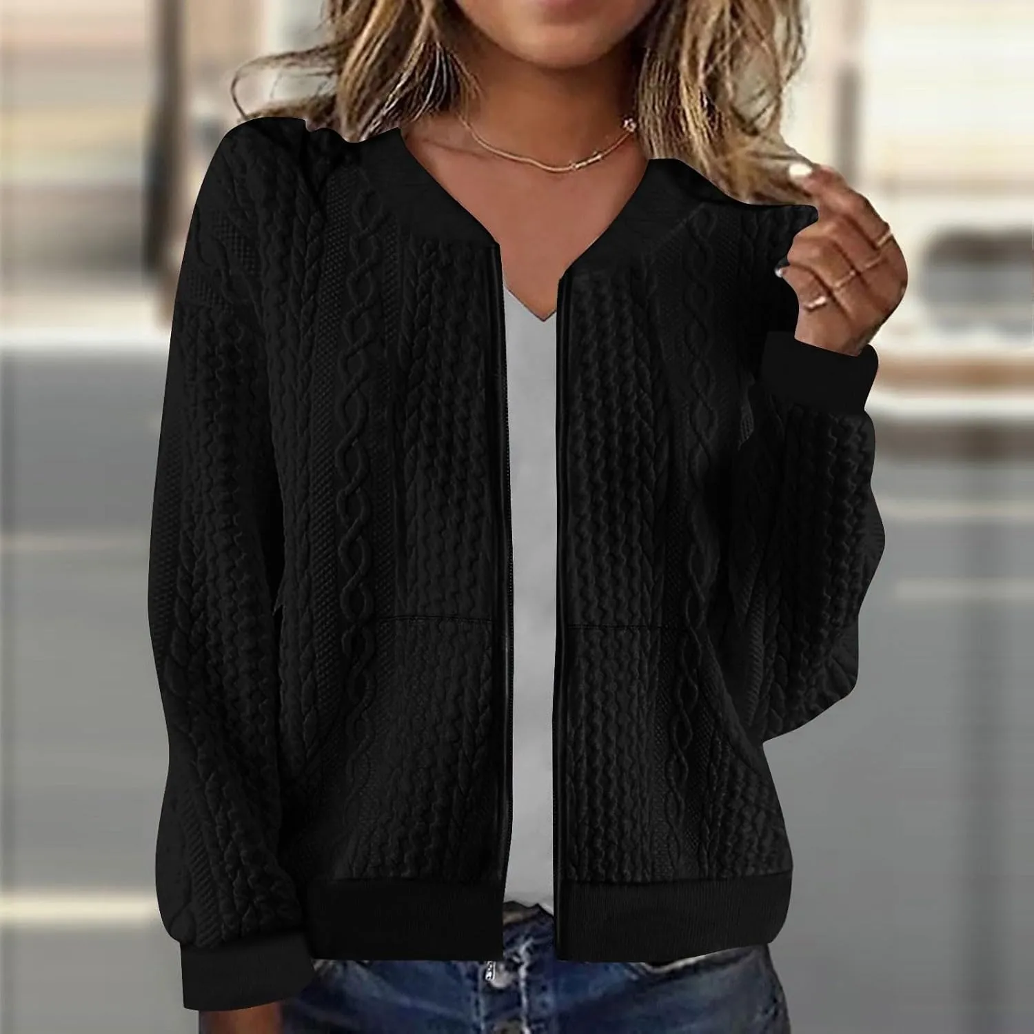 Women's Zip Up Cable Knit Sweater Long Sleeve Open Front Cardigan Warm Cardigan with Pockets Outwear Coats
