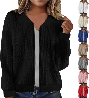 Women's Zip Up Cable Knit Sweater Long Sleeve Open Front Cardigan Warm Cardigan with Pockets Outwear Coats