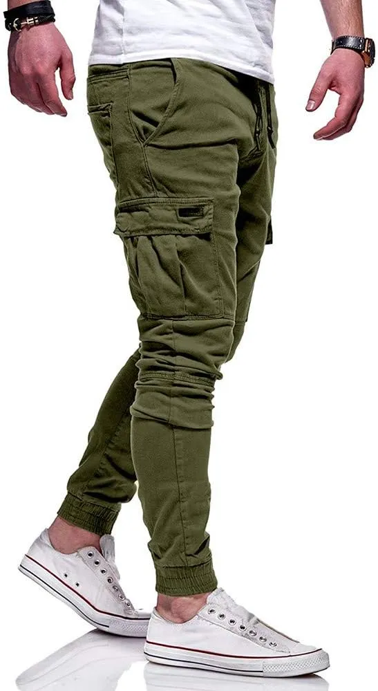 WUAI Mens Fashion Jogger Sweatpants Athletic Casual Slim Fit Cotton Workout Cargo Track Pants Long Khaki Chino Trousers