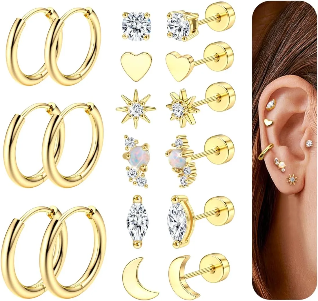 YADOCA Hypoallergenic Flat Back Stud Earrings for Women Trendy Surgical Stainless Steel Earrings for Sensitive Ears 14K Gold Plated Cartilage Earring Sets for Multiple Piercing Small Flatback Stud Earrings Hoop