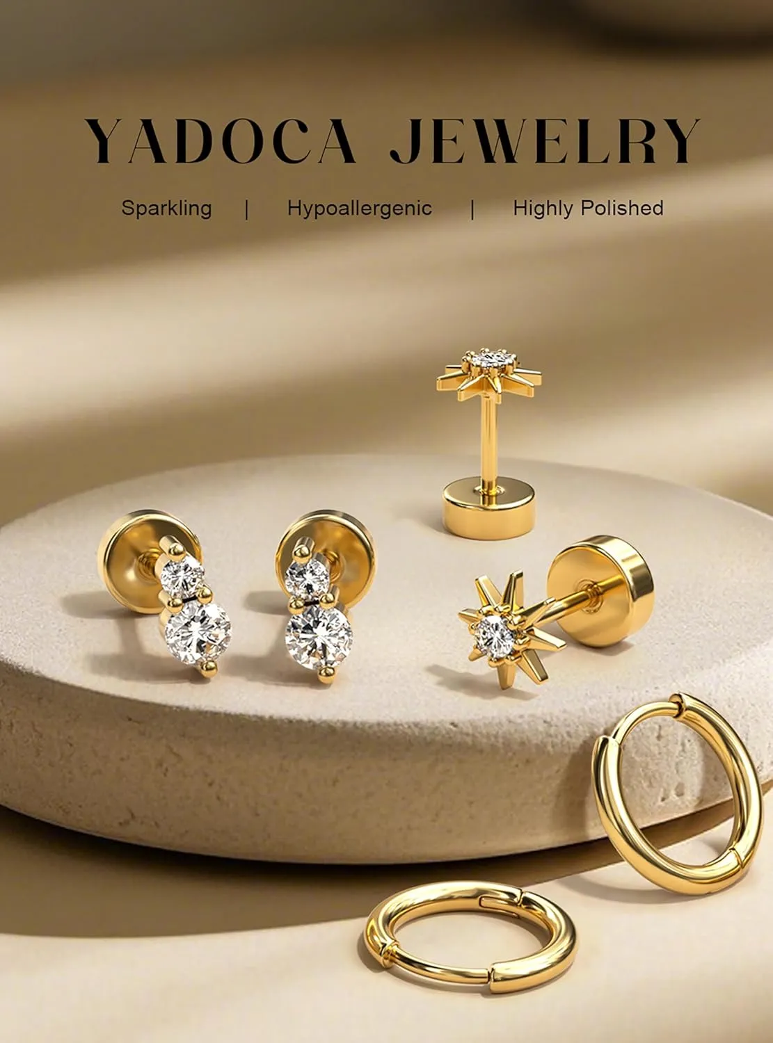 YADOCA Hypoallergenic Flat Back Stud Earrings for Women Trendy Surgical Stainless Steel Earrings for Sensitive Ears 14K Gold Plated Cartilage Earring Sets for Multiple Piercing Small Flatback Stud Earrings Hoop