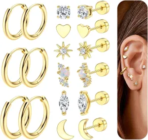 YADOCA Hypoallergenic Flat Back Stud Earrings for Women Trendy Surgical Stainless Steel Earrings for Sensitive Ears 14K Gold Plated Cartilage Earring Sets for Multiple Piercing Small Flatback Stud Earrings Hoop