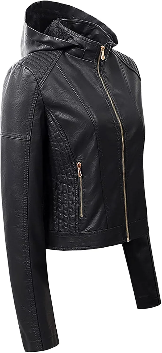 yardsong Faux Leather Hooded Jackets for Women Fashion Motorcycle Coats Casual Slim Fit Zip Up Outwear with Zipper Pockets