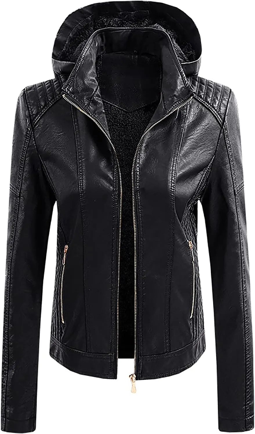 yardsong Faux Leather Hooded Jackets for Women Fashion Motorcycle Coats Casual Slim Fit Zip Up Outwear with Zipper Pockets
