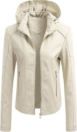 yardsong Faux Leather Hooded Jackets for Women Fashion Motorcycle Coats Casual Slim Fit Zip Up Outwear with Zipper Pockets