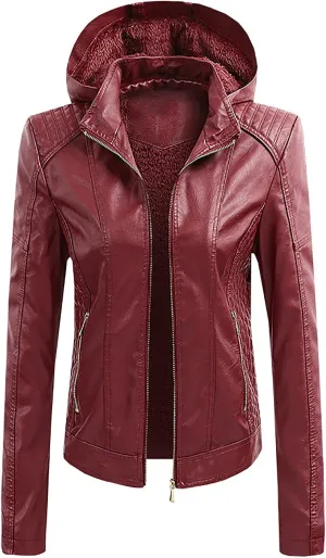 yardsong Faux Leather Hooded Jackets for Women Fashion Motorcycle Coats Casual Slim Fit Zip Up Outwear with Zipper Pockets