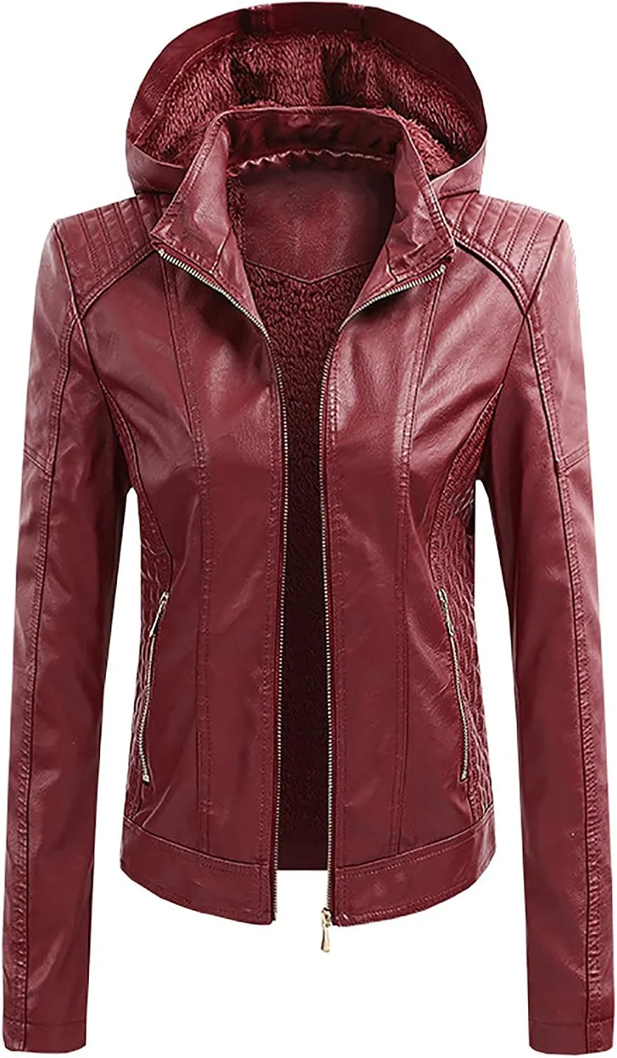 yardsong Faux Leather Hooded Jackets for Women Fashion Motorcycle Coats Casual Slim Fit Zip Up Outwear with Zipper Pockets