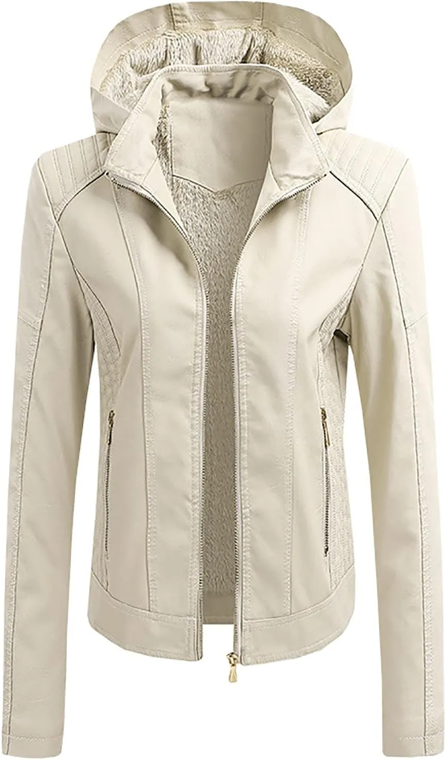 yardsong Faux Leather Hooded Jackets for Women Fashion Motorcycle Coats Casual Slim Fit Zip Up Outwear with Zipper Pockets