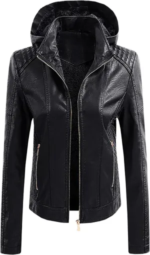 yardsong Faux Leather Hooded Jackets for Women Fashion Motorcycle Coats Casual Slim Fit Zip Up Outwear with Zipper Pockets