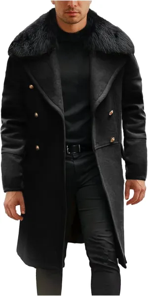 yardsong Mens Fashion Trench Coat Wool Blend Faux Fur Collar Lapel Pea Coats Double Breasted Slim Fit Winter Jackets