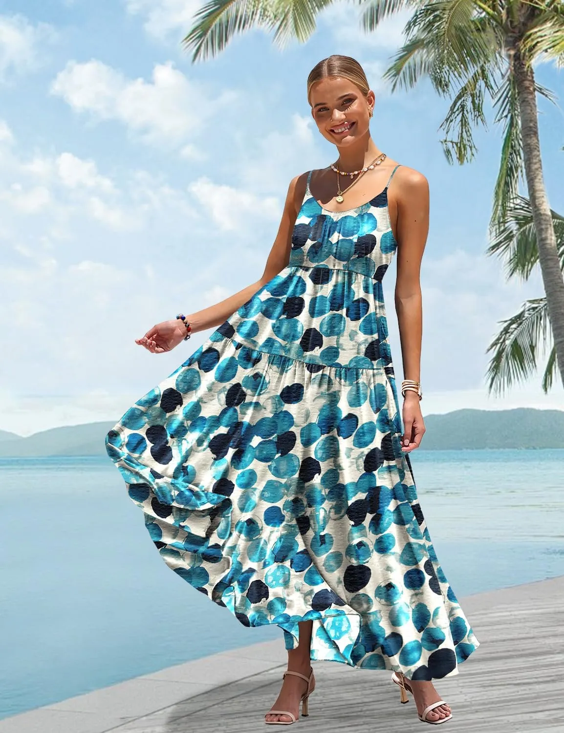 YESNO Summer Bohemian Floral Dresses for Women Spaghetti Straps Maxi Dress Casual Flowy Dresses with Pockets ES0