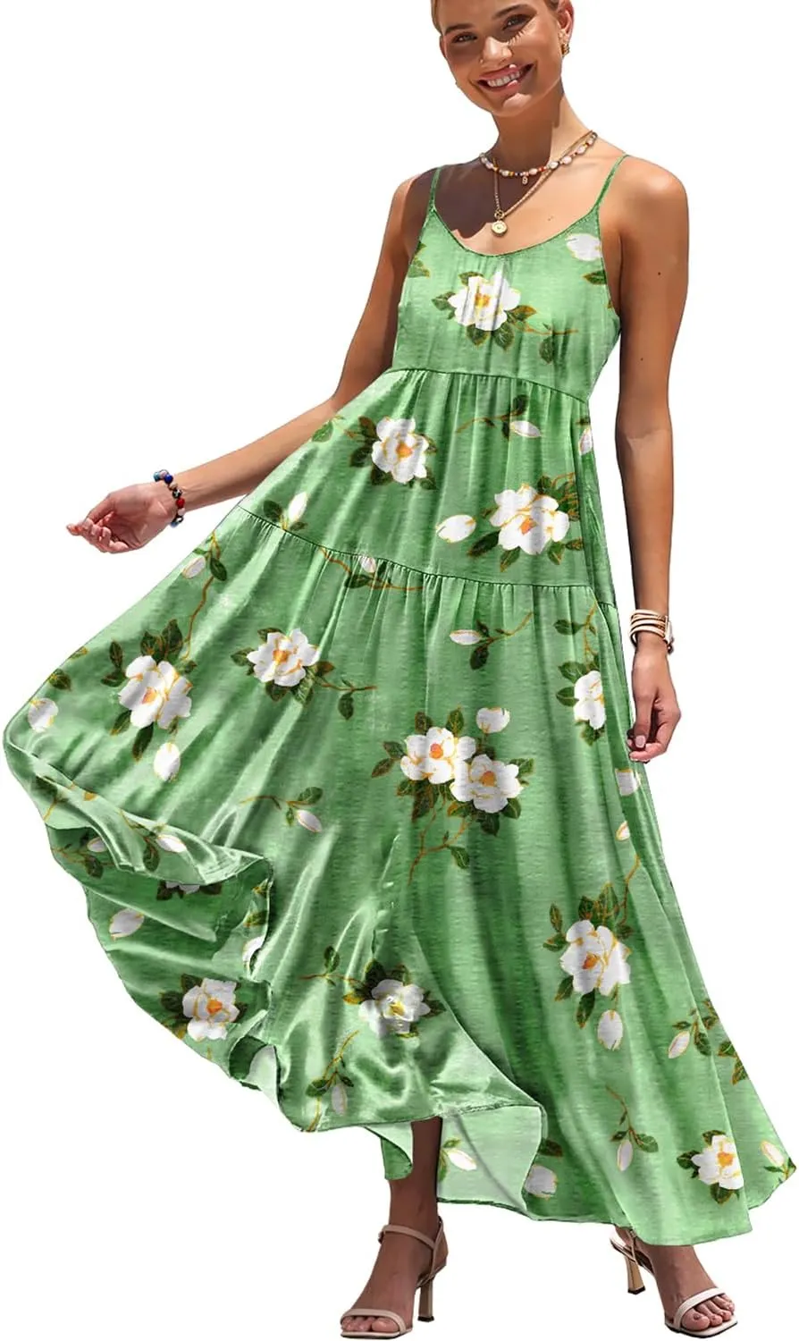 YESNO Summer Bohemian Floral Dresses for Women Spaghetti Straps Maxi Dress Casual Flowy Dresses with Pockets ES0
