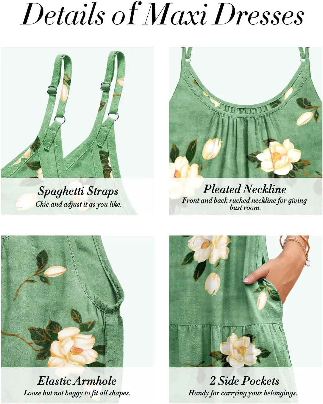 YESNO Summer Bohemian Floral Dresses for Women Spaghetti Straps Maxi Dress Casual Flowy Dresses with Pockets ES0