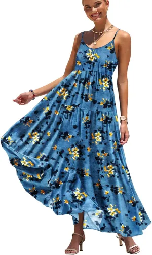 YESNO Summer Bohemian Floral Dresses for Women Spaghetti Straps Maxi Dress Casual Flowy Dresses with Pockets ES0