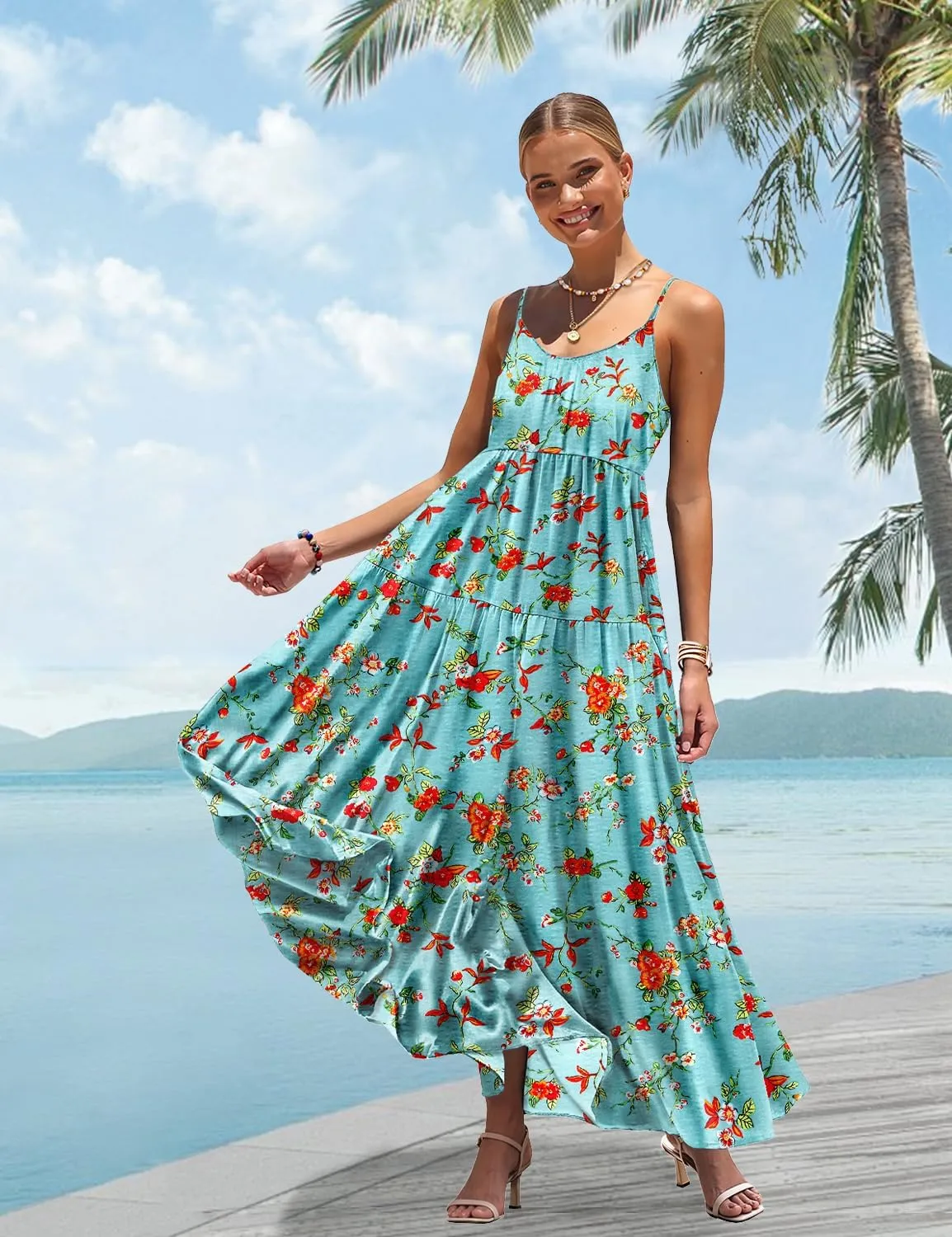 YESNO Summer Bohemian Floral Dresses for Women Spaghetti Straps Maxi Dress Casual Flowy Dresses with Pockets ES0