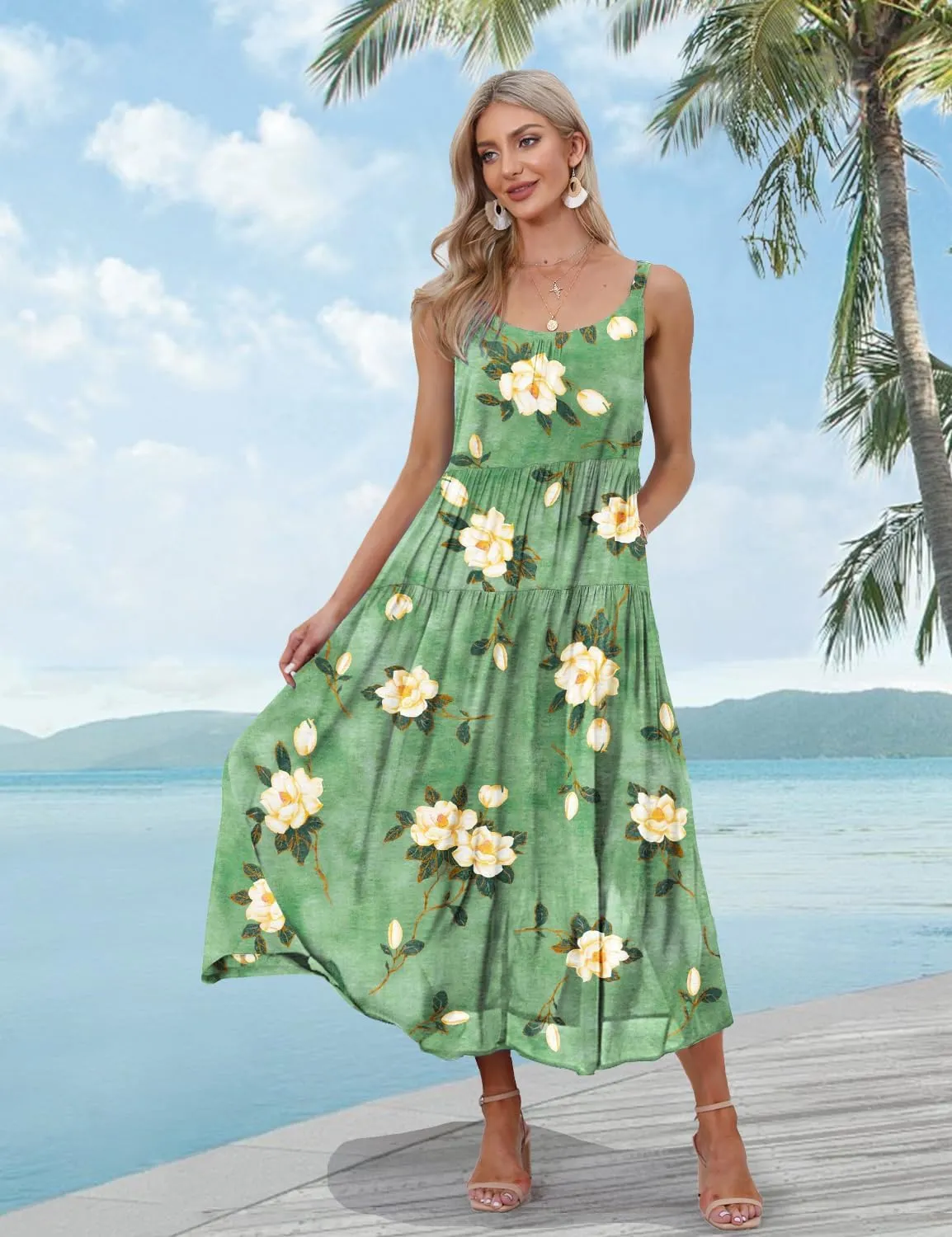 YESNO Summer Bohemian Floral Dresses for Women Spaghetti Straps Maxi Dress Casual Flowy Dresses with Pockets ES0