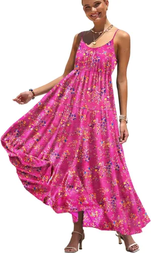 YESNO Summer Bohemian Floral Dresses for Women Spaghetti Straps Maxi Dress Casual Flowy Dresses with Pockets ES0