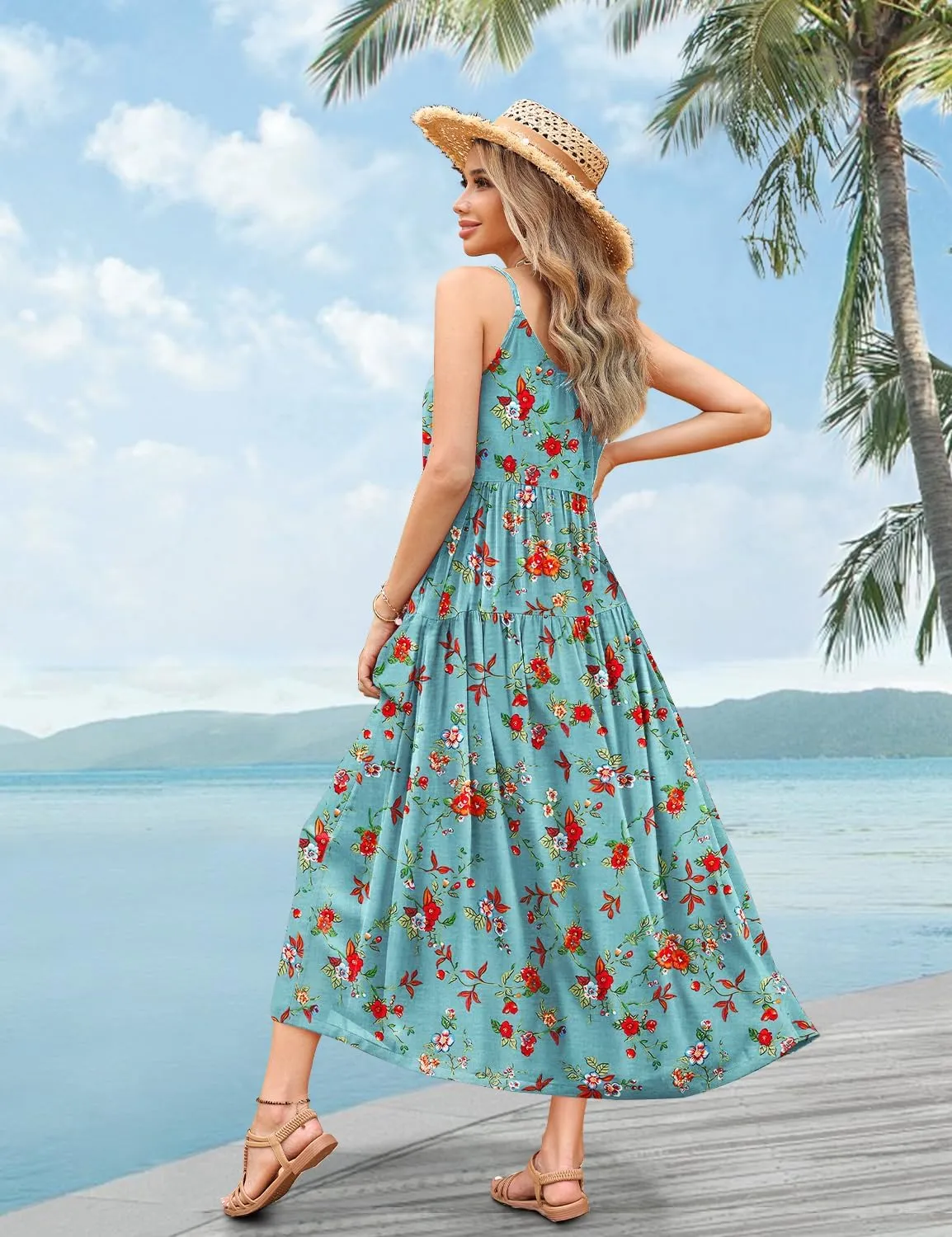 YESNO Summer Bohemian Floral Dresses for Women Spaghetti Straps Maxi Dress Casual Flowy Dresses with Pockets ES0