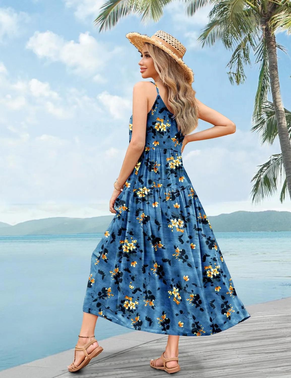 YESNO Summer Bohemian Floral Dresses for Women Spaghetti Straps Maxi Dress Casual Flowy Dresses with Pockets ES0