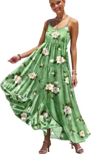 YESNO Summer Bohemian Floral Dresses for Women Spaghetti Straps Maxi Dress Casual Flowy Dresses with Pockets ES0