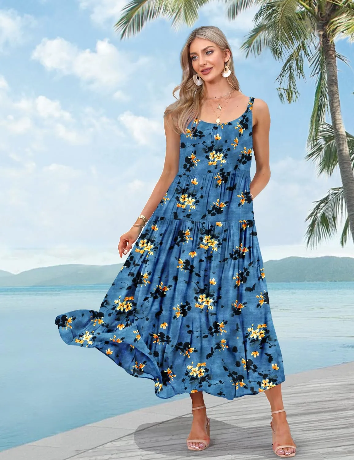 YESNO Summer Bohemian Floral Dresses for Women Spaghetti Straps Maxi Dress Casual Flowy Dresses with Pockets ES0