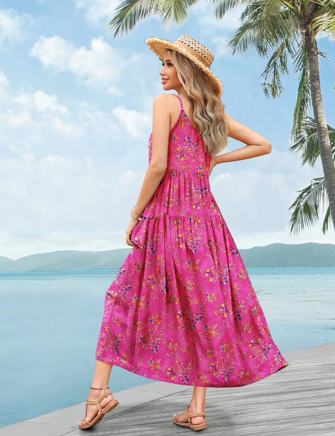 YESNO Summer Bohemian Floral Dresses for Women Spaghetti Straps Maxi Dress Casual Flowy Dresses with Pockets ES0
