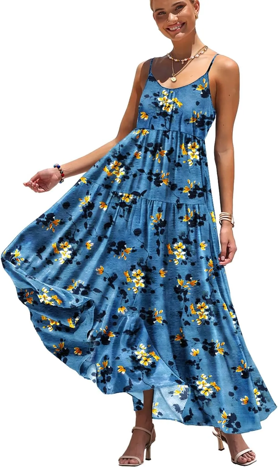 YESNO Summer Bohemian Floral Dresses for Women Spaghetti Straps Maxi Dress Casual Flowy Dresses with Pockets ES0