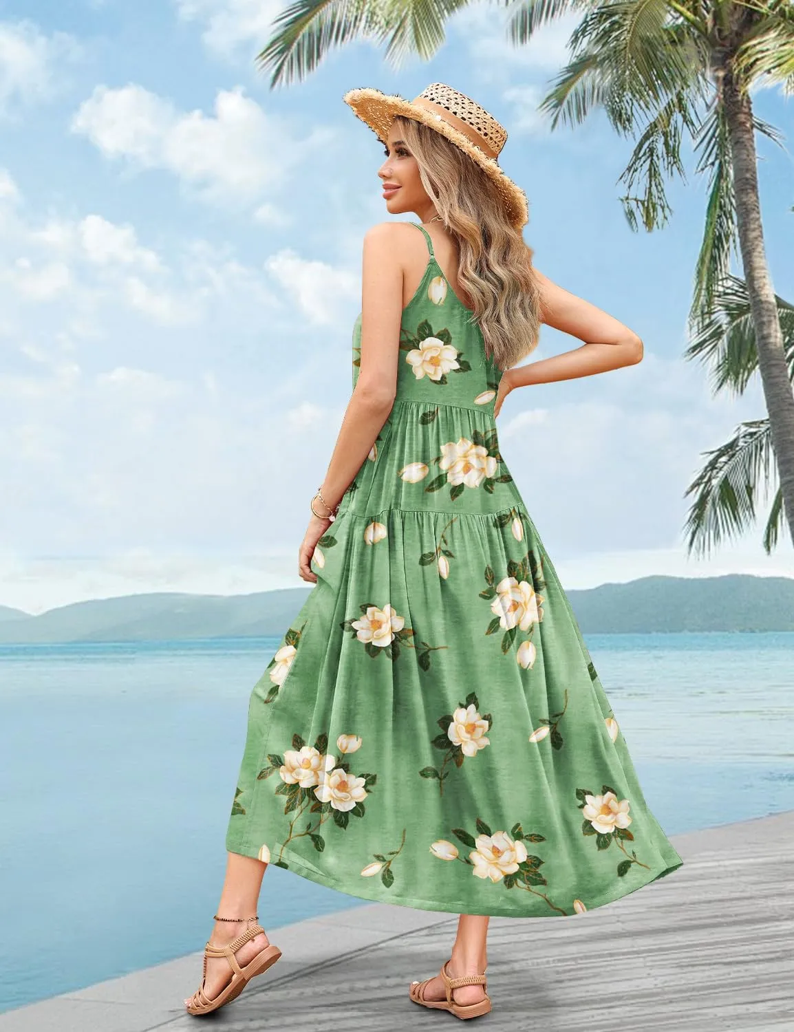 YESNO Summer Bohemian Floral Dresses for Women Spaghetti Straps Maxi Dress Casual Flowy Dresses with Pockets ES0