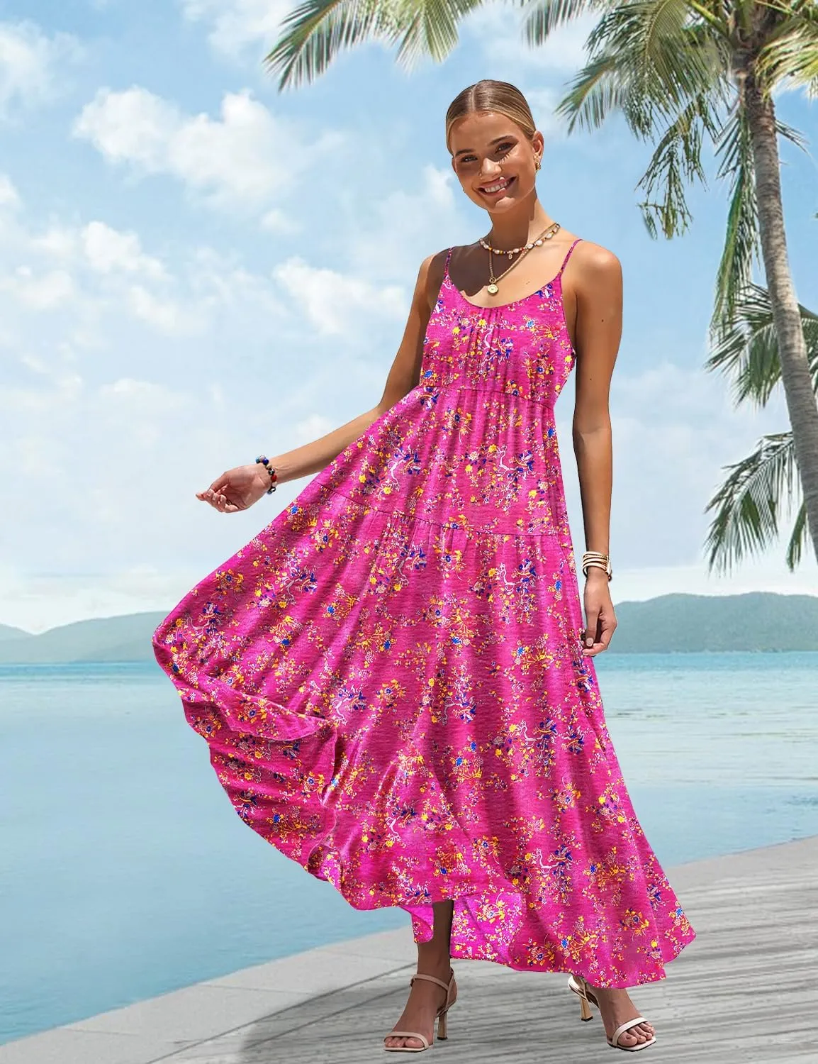 YESNO Summer Bohemian Floral Dresses for Women Spaghetti Straps Maxi Dress Casual Flowy Dresses with Pockets ES0
