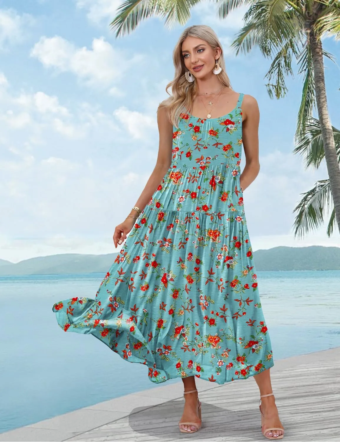 YESNO Summer Bohemian Floral Dresses for Women Spaghetti Straps Maxi Dress Casual Flowy Dresses with Pockets ES0