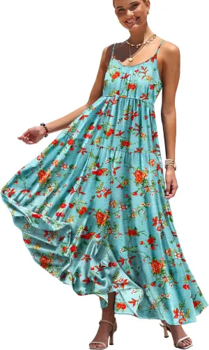 YESNO Summer Bohemian Floral Dresses for Women Spaghetti Straps Maxi Dress Casual Flowy Dresses with Pockets ES0