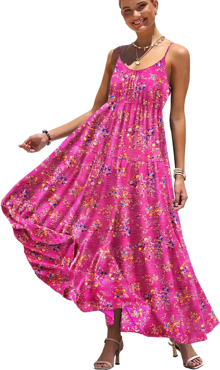 YESNO Summer Bohemian Floral Dresses for Women Spaghetti Straps Maxi Dress Casual Flowy Dresses with Pockets ES0
