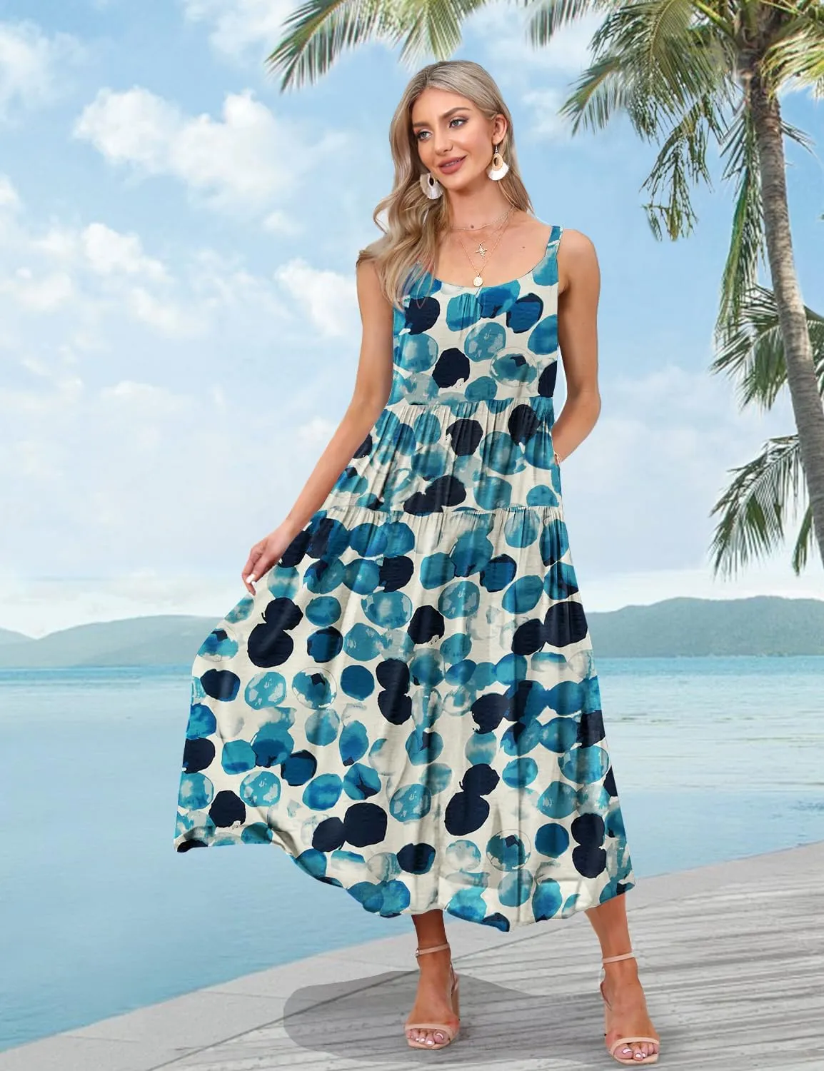 YESNO Summer Bohemian Floral Dresses for Women Spaghetti Straps Maxi Dress Casual Flowy Dresses with Pockets ES0