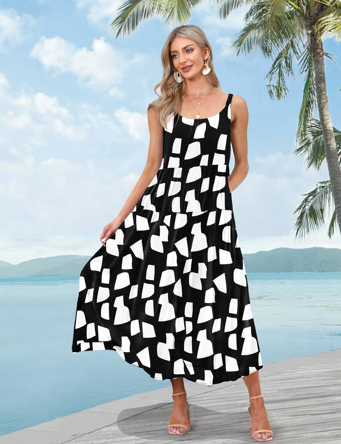 YESNO Summer Bohemian Floral Dresses for Women Spaghetti Straps Maxi Dress Casual Flowy Dresses with Pockets ES0