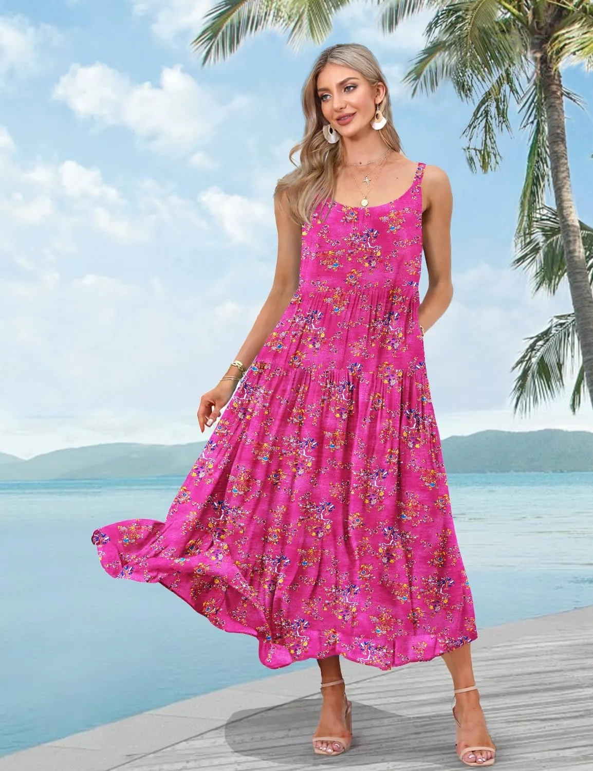YESNO Summer Bohemian Floral Dresses for Women Spaghetti Straps Maxi Dress Casual Flowy Dresses with Pockets ES0