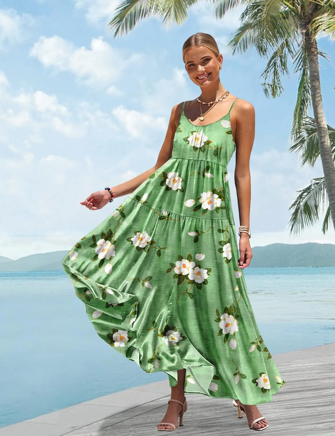 YESNO Summer Bohemian Floral Dresses for Women Spaghetti Straps Maxi Dress Casual Flowy Dresses with Pockets ES0