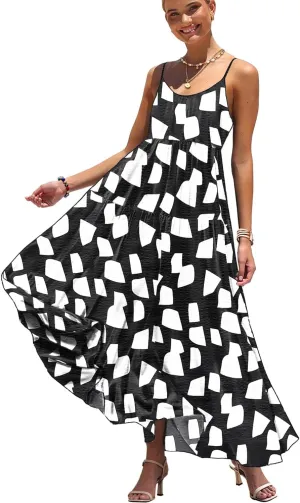 YESNO Summer Bohemian Floral Dresses for Women Spaghetti Straps Maxi Dress Casual Flowy Dresses with Pockets ES0