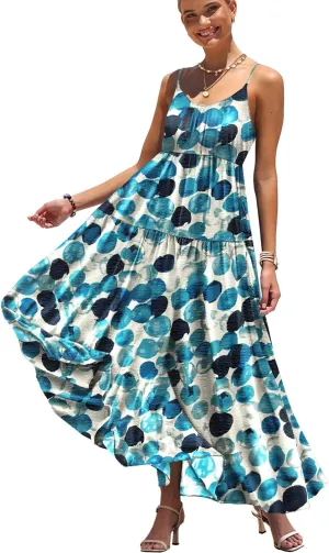YESNO Summer Bohemian Floral Dresses for Women Spaghetti Straps Maxi Dress Casual Flowy Dresses with Pockets ES0