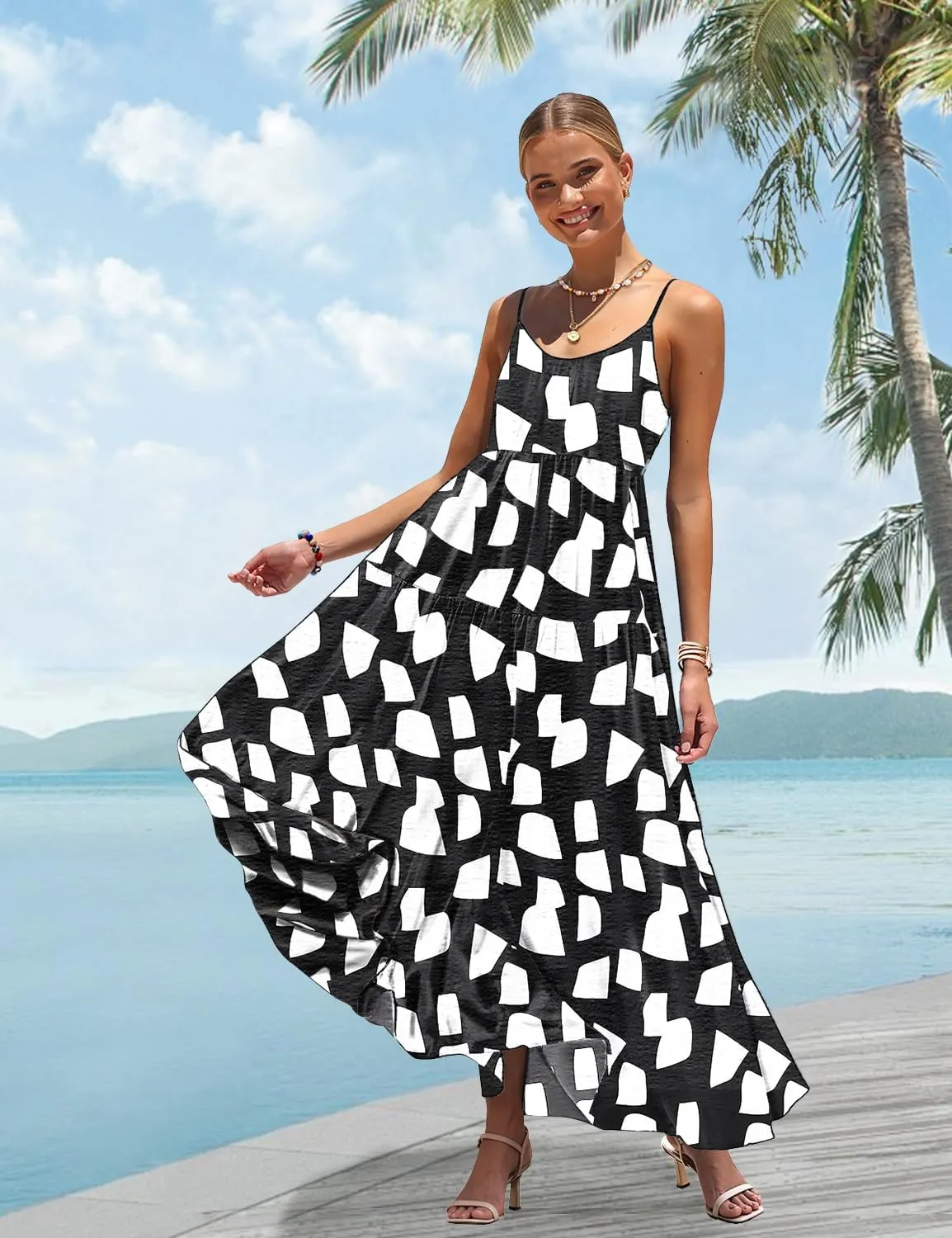 YESNO Summer Bohemian Floral Dresses for Women Spaghetti Straps Maxi Dress Casual Flowy Dresses with Pockets ES0