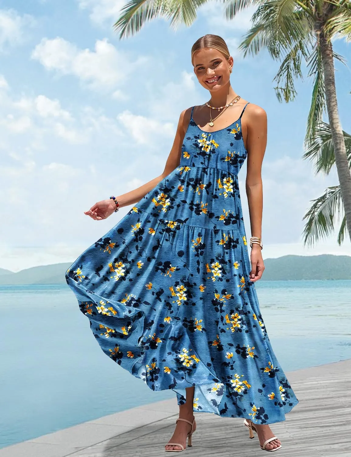 YESNO Summer Bohemian Floral Dresses for Women Spaghetti Straps Maxi Dress Casual Flowy Dresses with Pockets ES0