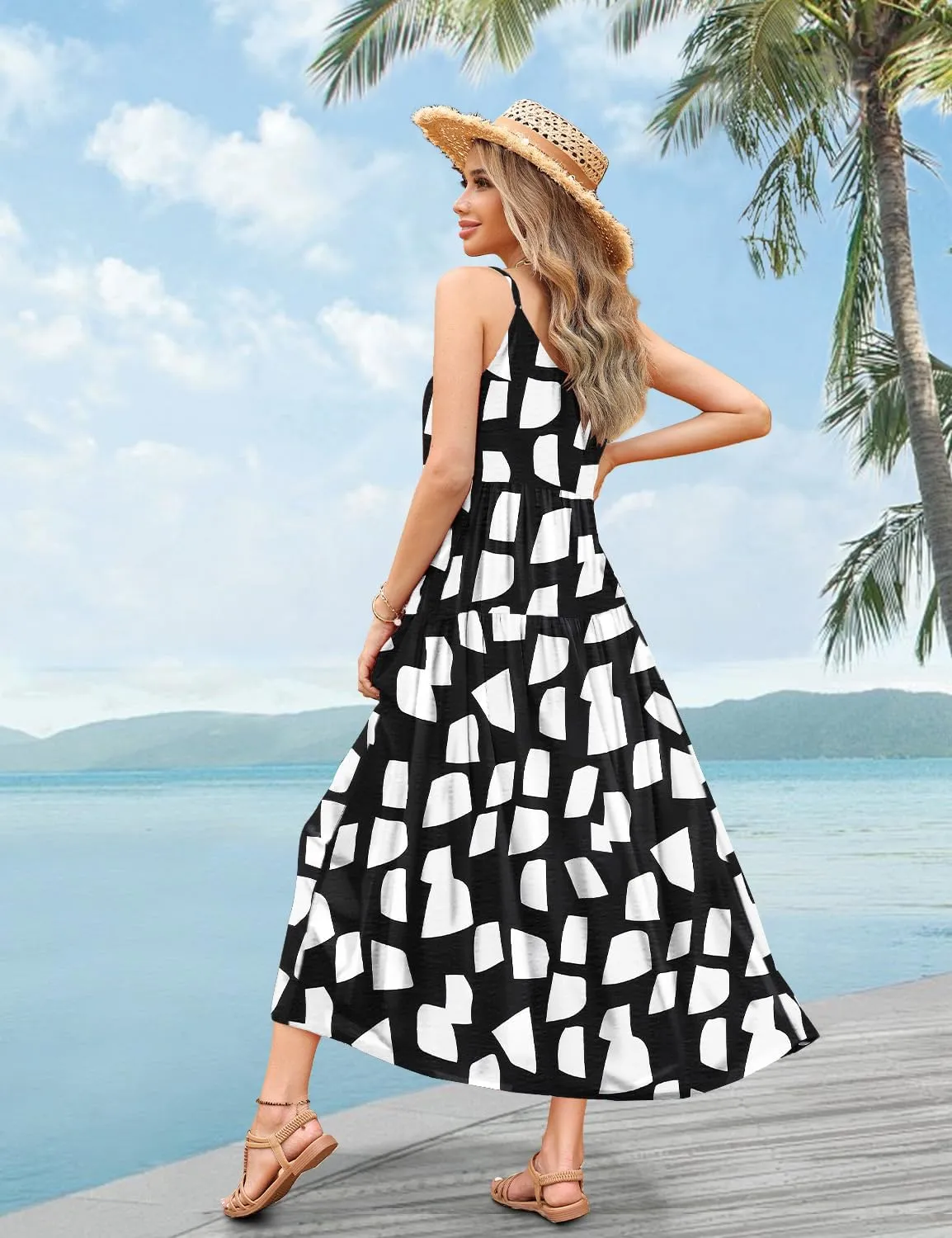 YESNO Summer Bohemian Floral Dresses for Women Spaghetti Straps Maxi Dress Casual Flowy Dresses with Pockets ES0