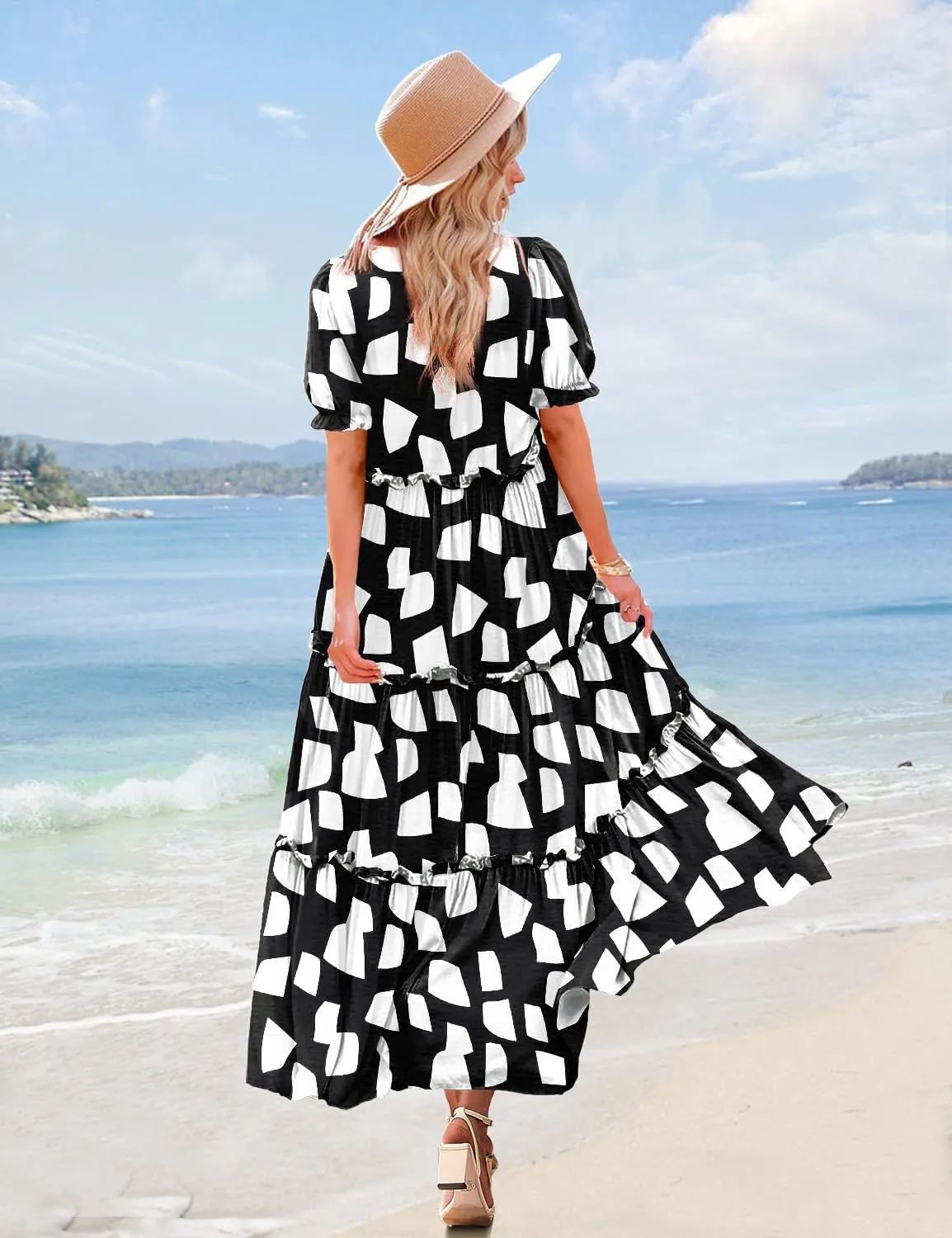 YESNO Summer Casual Bohemian Floral Dresses for Women Puff Short Sleeve Long Maxi Dress with Pockets ETX